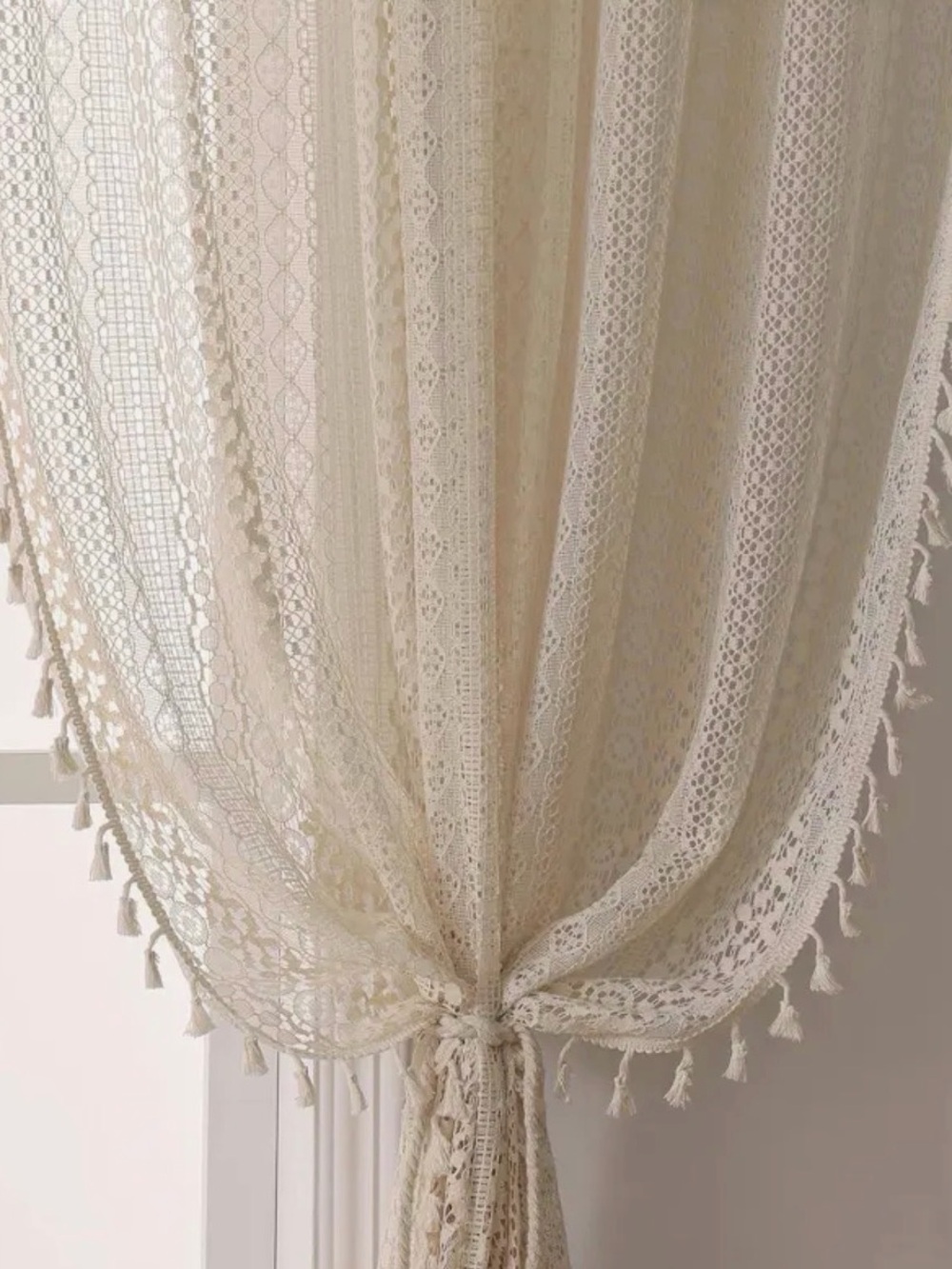 WAZZIO Boho Beige Lace Tassel Curtains 59” x 84”